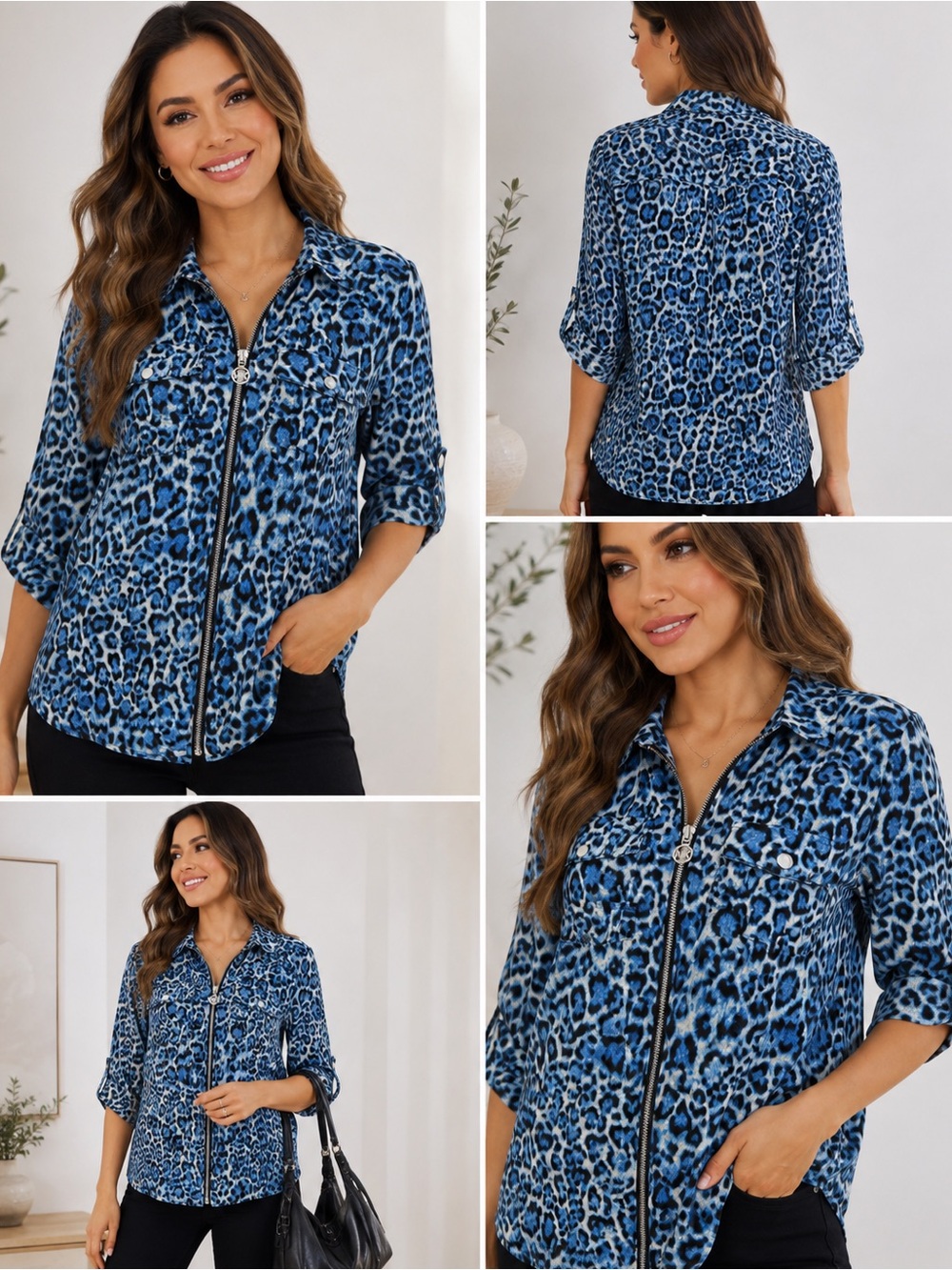 Michael Kors NWOT Blue Leopard Print Zip Front Shirt Petite XS